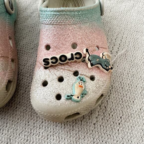 Crocs Pink, Blue, Silver Sparkle Shoes with Disney Jibbitz - Size J1 - Picture 3 of 7